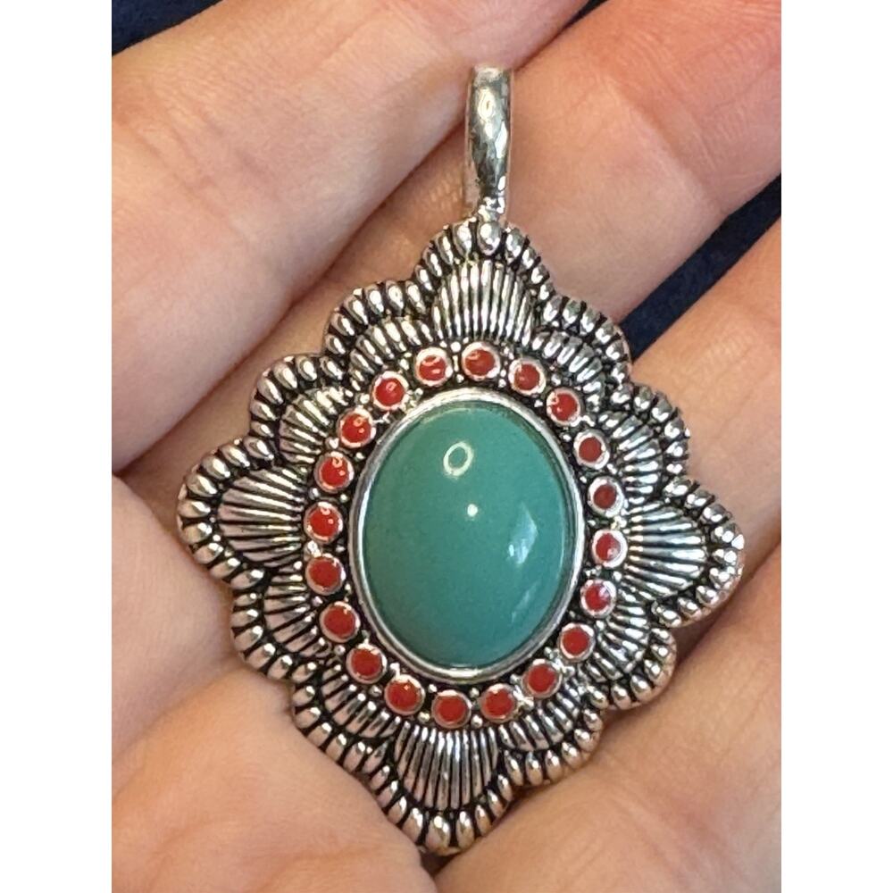 Vintage Southwest Style Turquoise Red Cabochon Silver Tone Statement Pendant - Picture 3 of 4